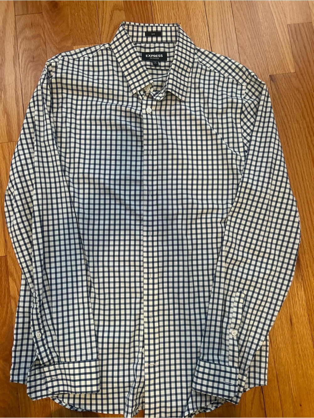 Express Men's Navy and White Check Button-Up Dress Shirt